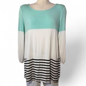 Vanilla Bay Colorblock Tunic Top Mint Green White Striped Back Button Detail  M